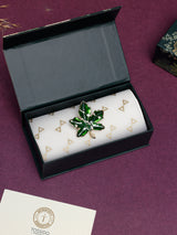 Green Enamel Crystal Maple Leaf Brooch