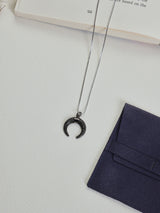 Silver Black Stone Crescent Horn Pendant Necklace - TOSSIDO