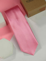 Glossy Pink solid necktie in woven microfiber, flat lay