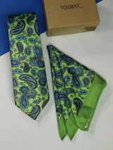Green Paisley Printed Necktie and Pocket Square Set - TOSSIDO