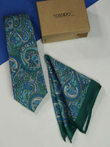 Green Paisley Printed Necktie and Pocket Square Set - TOSSIDO