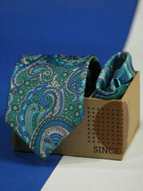 Green Paisley Printed Necktie and Pocket Square Set - TOSSIDO