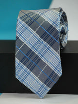 Grey And Blue Check Woven Silk Necktie - TOSSIDO