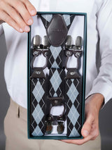 Grey & Black Checkered Suspender with Vegan Leather Patch - TOSSIDO