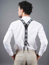 Grey & Black Checkered Suspender with Vegan Leather Patch - TOSSIDO
