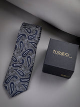 Grey & Blue Paisley Woven Long Necktie - TOSSIDO
