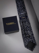Grey & Blue Paisley Woven Long Necktie - TOSSIDO
