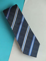 Grey & Blue Stripe Woven Silk Necktie - TOSSIDO