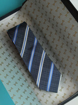 Grey & Blue Stripe Woven Silk Necktie - TOSSIDO