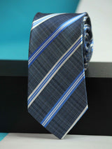 Grey & Blue Stripe Woven Silk Necktie - TOSSIDO