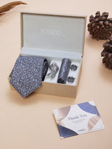 Grey Floral Necktie Pocket Square Brooch & Cufflinks Giftset