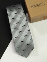 Grey novelty necktie in woven microfiber, flat lay