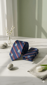 JGU Crimson Crest Stripe Necktie & Pocket Square Set - TOSSIDO