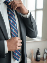 JGU Crimson Crest Stripe Necktie & Pocket Square Set