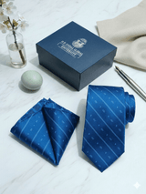 JGU Diagonal Logo Blue Microfiber Necktie & Pocket Square Set - TOSSIDO