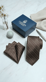 JGU Diagonal Logo Brown Microfiber Necktie & Pocket Square Set - TOSSIDO