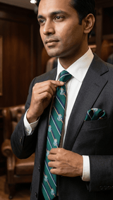 JGU Emerald Crest Stripe Necktie & Pocket Square Set - TOSSIDO