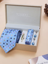 Light Blue Polka Necktie Pocket Square Brooch & Cufflinks Giftset - TOSSIDO