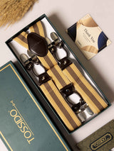 Mustard Stripe Elastic Suspender with Brown Leather Trims - TOSSIDO
