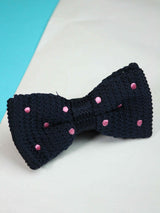 Navy Blue Base with Pink Polka Dot Pattern Knitted Bow Tie - TOSSIDO