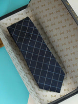 Navy Blue Check Woven Silk Necktie - TOSSIDO