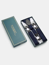 Navy Blue Dot Elastic Suspender with Vegan Leather Patch - TOSSIDO