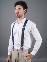 Navy Blue Dot Elastic Suspender with Vegan Leather Patch - TOSSIDO
