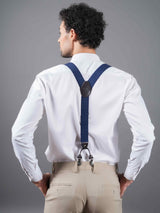 Navy Blue Dot Elastic Suspender with Vegan Leather Patch - TOSSIDO
