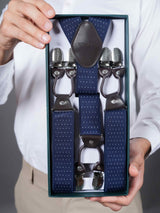 Navy Blue Dot Elastic Suspender with Vegan Leather Patch - TOSSIDO