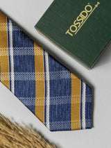 Navy Blue & Mustard Check Striped Necktie - TOSSIDO
