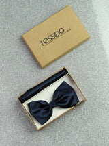 Navy Blue Solid Bowtie & Pocket Square Set - TOSSIDO