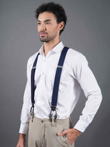 Navy Blue Solid Suspender with Vegan Leather patch - TOSSIDO
