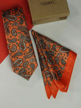 Orange Paisley Printed Necktie and Pocket Square Set - TOSSIDO