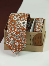 Orange & White Floral Necktie & Pocket Square Giftset - TOSSIDO