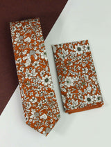 Orange & White Floral Necktie & Pocket Square Giftset - TOSSIDO