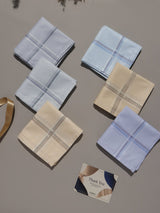 Pastel Blue Cream & Grey Border Cotton Handkerchief Set - TOSSIDO
