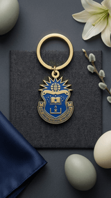 Blue on Gold JGU Crest Laminated Keychain