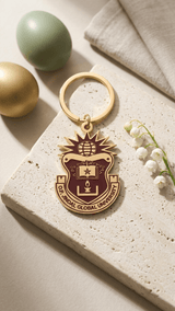 Maroon on Gold JGU Crest Laminated Keychain