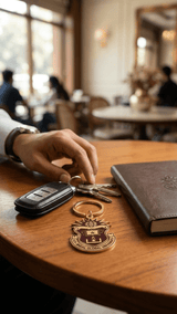 Maroon on Gold JGU Crest Laminated Keychain