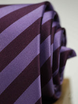 Purple stripe necktie in woven microfiber, tied view