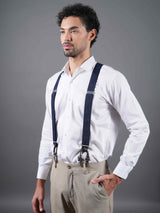 Refined Navy Blue Suspender with Self - Checks & Vegan Leather Patch - TOSSIDO