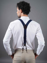 Refined Navy Blue Suspender with Self - Checks & Vegan Leather Patch - TOSSIDO