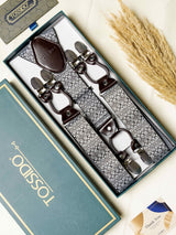 Silver Floral Elastic Suspender with Brown Leather Trims - TOSSIDO