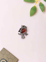 Silver Owl Brooch with Brownish Red Stone - TOSSIDO