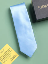 Sky Blue satin twill necktie in woven microfiber, flat lay