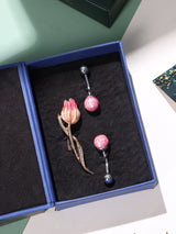 Soft Pink Tulip Brooch and Cufflinks Gift Set - TOSSIDO