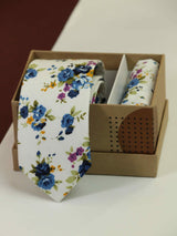White Floral Necktie & Pocket Square Giftset - TOSSIDO