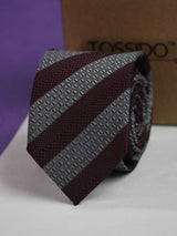 Wine & Grey Stripe Skinny Necktie - TOSSIDO