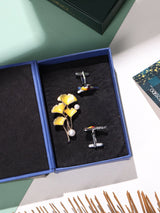 Yellow Brooch and White Bird Cufflink Gift Set - TOSSIDO