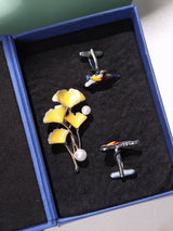 Yellow Brooch and White Bird Cufflink Gift Set - TOSSIDO